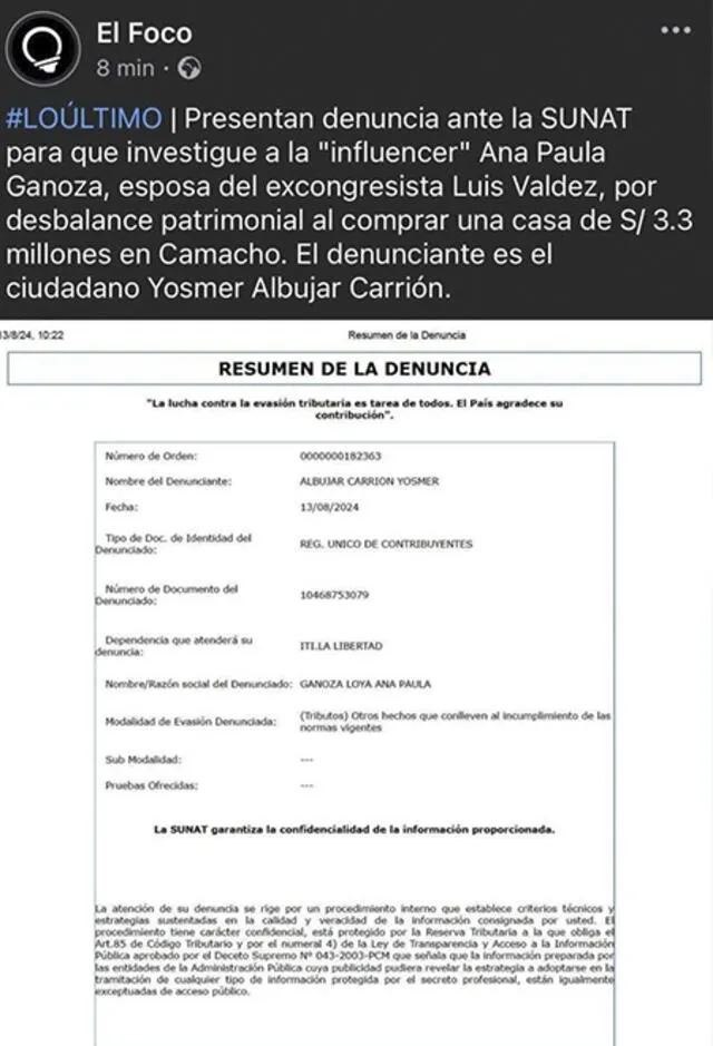 Ana paula Ganoza fue denunciada ante la Sunat.  