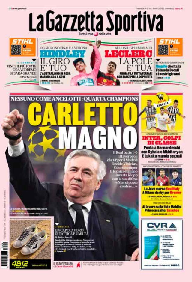 La Gazzetta Sportiva pone a Ancelotti como figura principal. / FUENTE: Twitter.   
