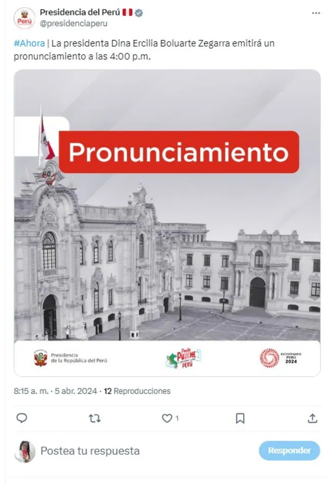 Mensaje a la Nación se dará luego de los descargos de Dina Boluarte a la Fiscalía de la Nación.    