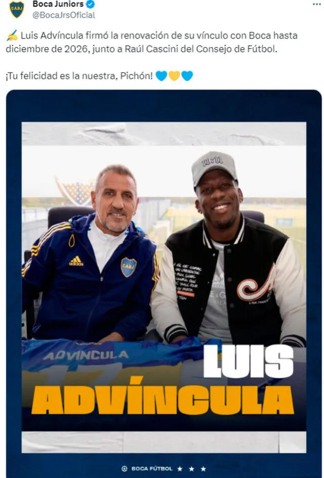 Boca Juniors anunció la renovación de Luis Advíncula. / Foto: X.   