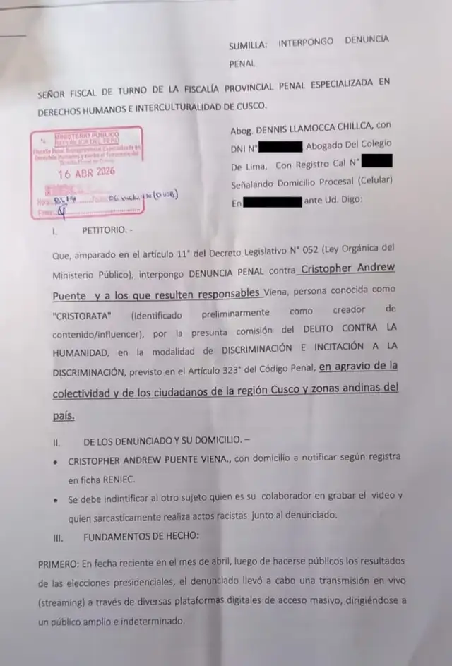 "Cristorata" recibe denuncia penal por insultos racistas contra ciudadanos de Cusco, Ayacucho y Puno.  
