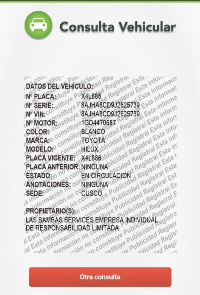  Captura de imagen de la consulta vehicular de la placa X4L 886.   