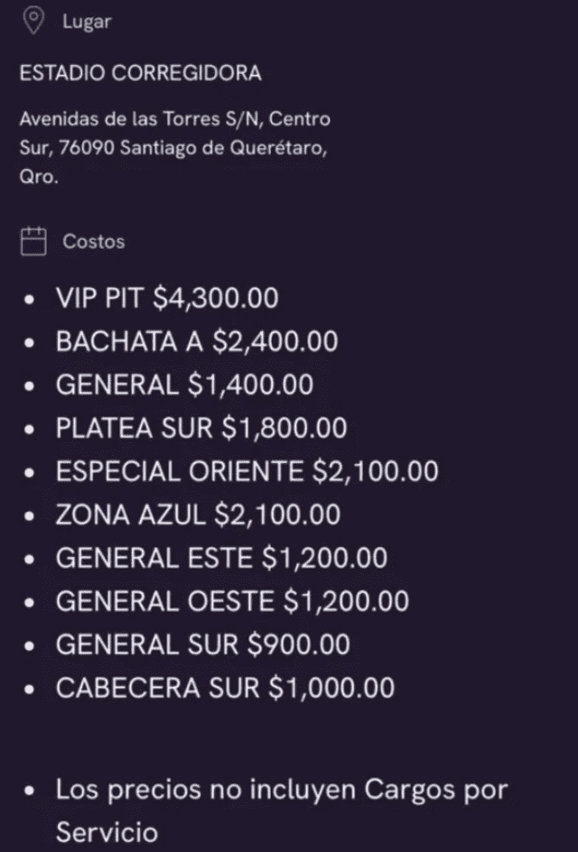 Precios de boletos para ver Aventura y Romeo Santos en Querétaro.   