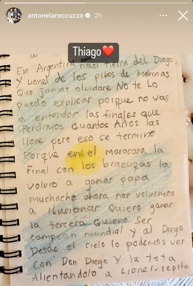 La carta de Thiago Messi para la selección argentina. / FUENTE: Instagram.   