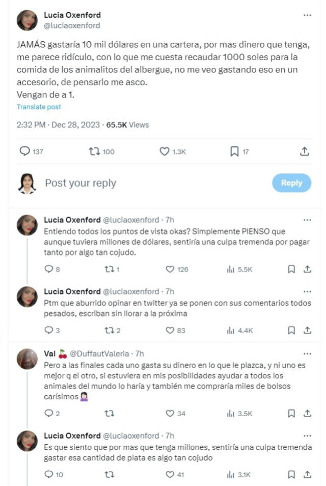 Lucía Oxenford arremetió contra Magaly Medina y sus costosos carteras en Twitter.