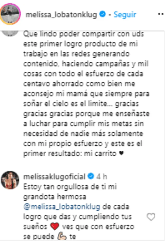 <em>Melissa Klug se emociona por logros de su hija. Captura: Instagram</em>   