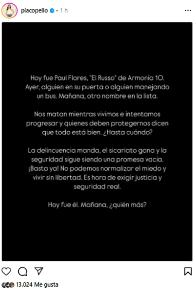 <em>María Pía Copello cansada de la delincuencia del país. Captura: Instagram </em> <em>María Pía Copello cansada de la delincuencia del país. Captura: Instagram </em>