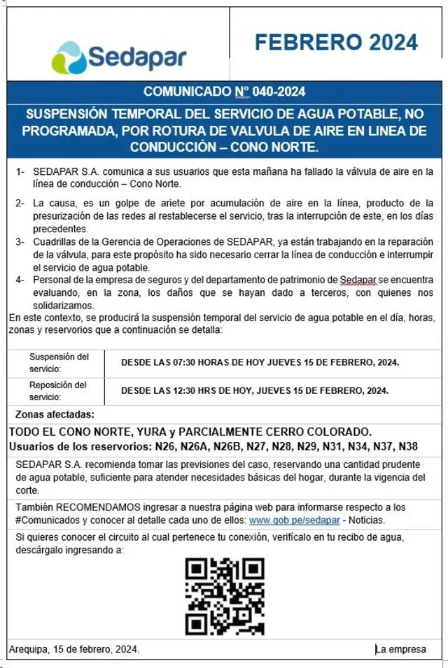 Sedapar anuncia suspensión de agua potable hasta la tarde, debido a la explosión de tubería. 