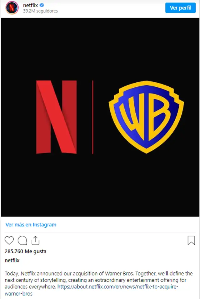 <strong> El comunicado de Netflix en su cuenta de Instagram tras anunciar la compra oficial de Warner Bros. Foto: Netflix - IG</strong><br>    