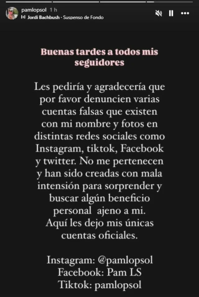 Pamela López pidió a sus seguidores denunciar las cuentas falsas que se han creado usando su nombre. / Fuente: Instagram