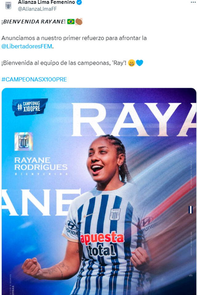 Alianza Lima anunció a Rayane como gran fichaje. / Foto: X.   