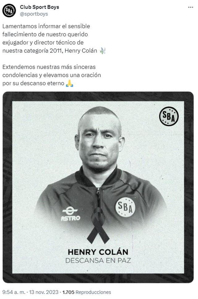 Sport Boys lamentó la muerte de Henry Colán.