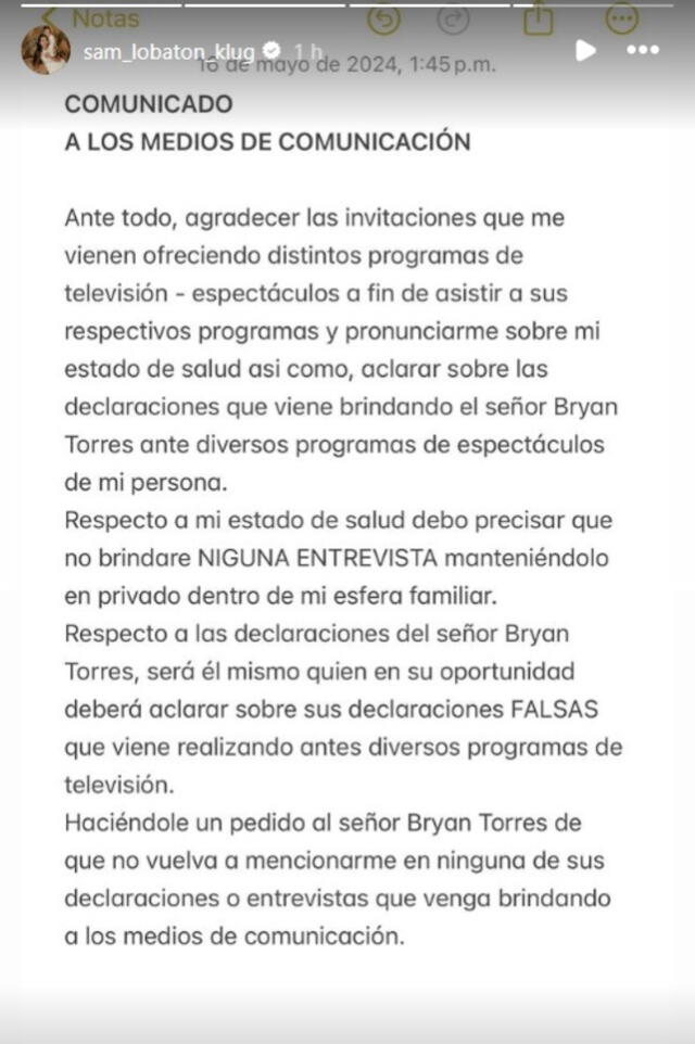 Samahara Lobatón rompe su silencio y ordena a Bryan Torres no la vuelva a mencionar nunca más en comunicado en Instagram. 