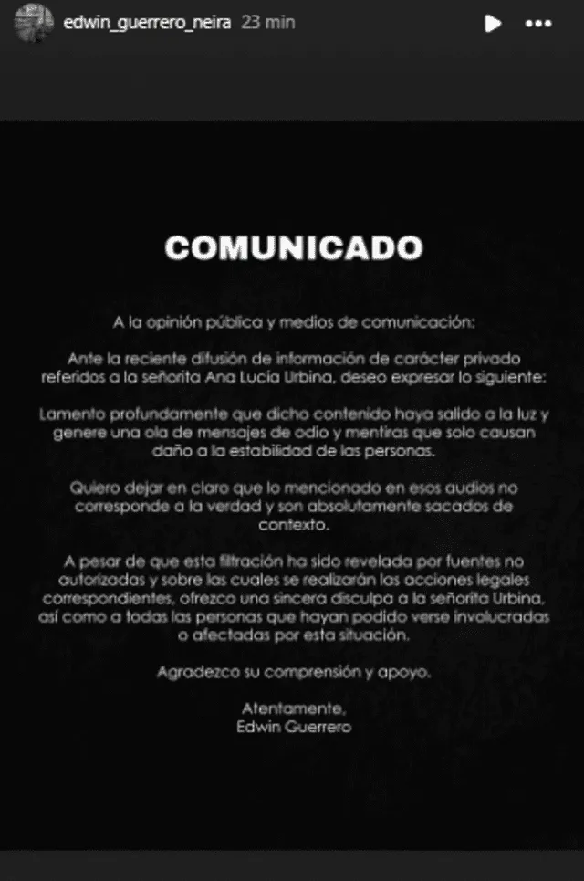 <em>Edwin Guerrero emite comunicado tras escándalo. Captura: Instagram </em>   
