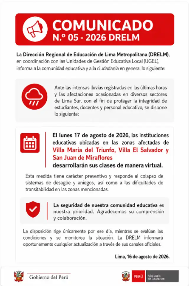Suspenden clases presenciales por fuertes lluvias en Lima: Estas son las fechas y la lista completa de distritos 