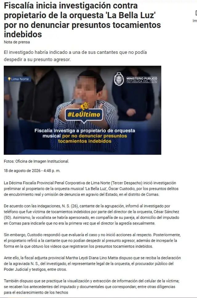 Fiscalía abre INVESTIGACIÓN a Óscar Custodio dueño de ‘La Bella Luz’ tras GRAVE DENUNCIA de Naldy Saldaña al exdirector César Sánchez