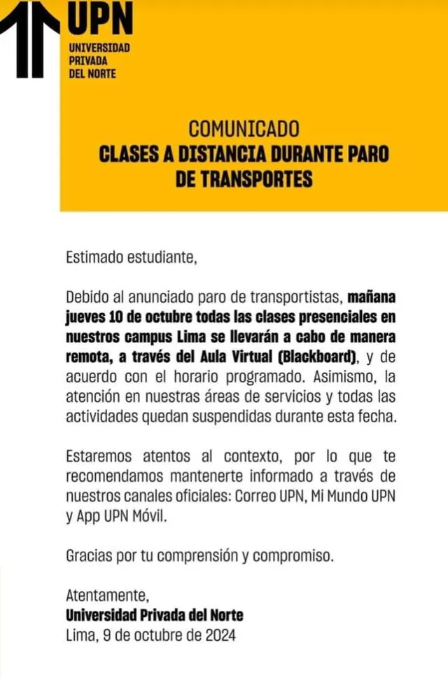 UPN suspende sus clases presenciales en Lima.