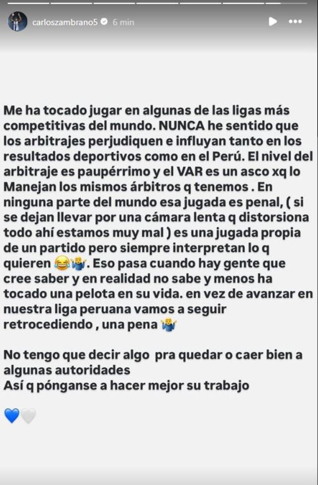 Carlos Zambrano criticó al arbitraje del fútbol peruano. / Foto: X.   