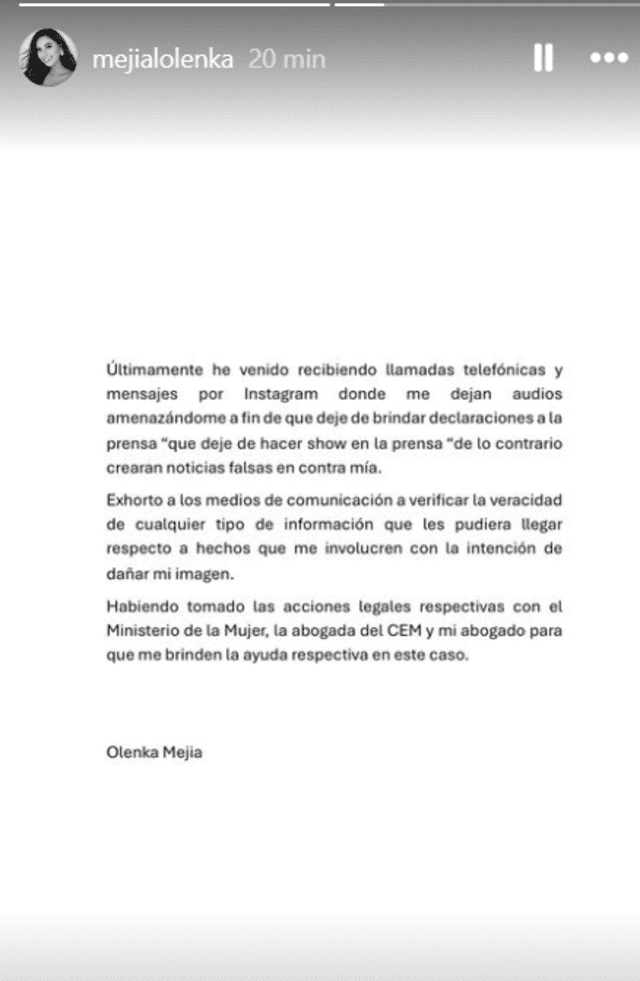 Olenka Mejía envía comunicado anunciando recibir amenazas.