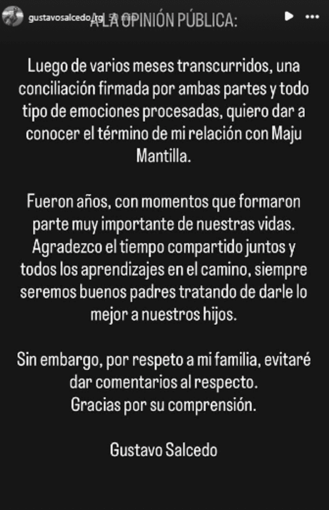 <em>Gustavo Salcedo anuncia que se acabó su matrimonio con Maju Mantilla. Captura: Instagram </em>   
