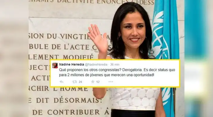 Nadine Heredia deja clara su posición en Twitter: no desea que el Congreso deroge Ley Pulpín. Nadine Heredia deja clara su posición en Twitter: no desea que el Congreso deroge Ley Pulpín.