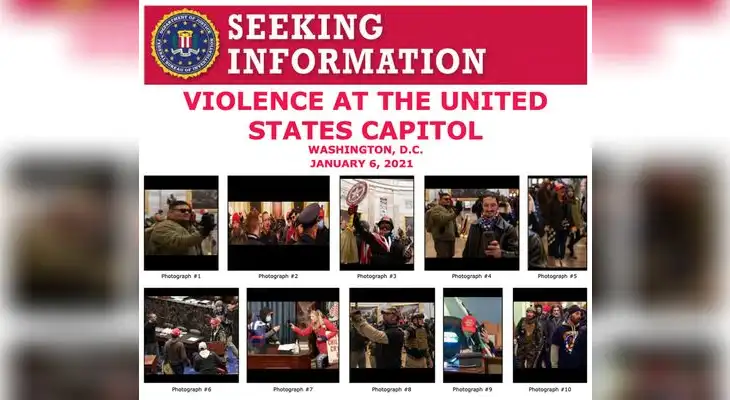 Una ficha difundida por FBI con fotografías de las personas implicadas en el asalto al Capitolio de EE UU.