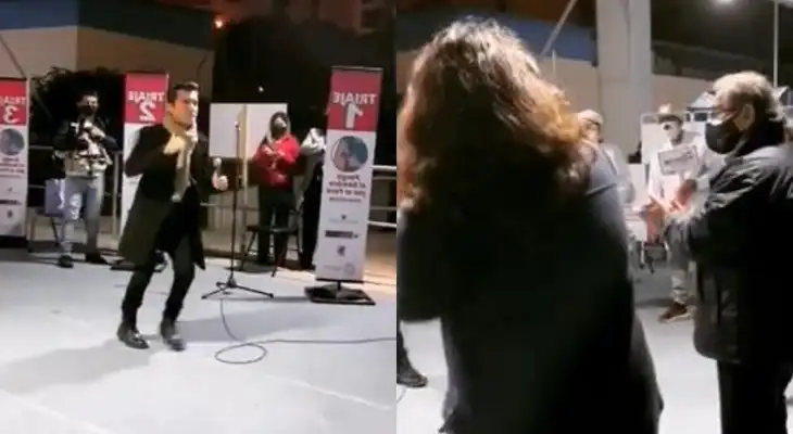 Ángelo Fukuy sorprendió en el centro de vacunación del Estadio Luis Gálvez Chipoco y emocionó al ministro de Salud, Óscar Ugarte y a la premier Violeta Bermúdez.