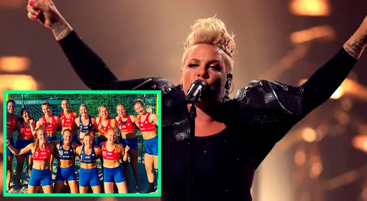 "Estoy muy orgullosa del equipo femenino de balonmano de playa de Noruega por protestar contra las reglas sexistas sobre su 'uniforme'", dijo Pink. "Estoy muy orgullosa del equipo femenino de balonmano de playa de Noruega por protestar contra las reglas sexistas sobre su 'uniforme'", dijo Pink.