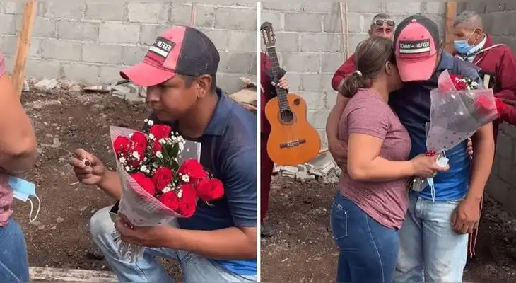 Esdras es un albañil que con la ayuda de sus compañeros le propusó matrimonio a su novia.