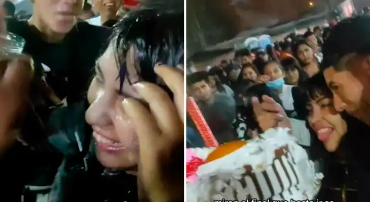 Celebra cumple en Chacalón Jr. y termina bañada en chela y torta [VIDEO]