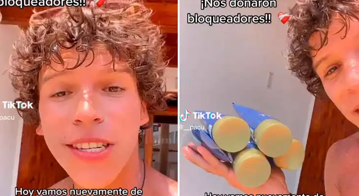 Joven tiktoker feliz por sus bloqueadores donados. Joven tiktoker feliz por sus bloqueadores donados.