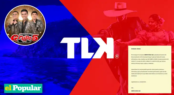 Teleticket anuncia la suspensión del servicio del estacionamiento para presentes en concierto del Grupo 5 Teleticket anuncia la suspensión del servicio del estacionamiento para presentes en concierto del Grupo 5
