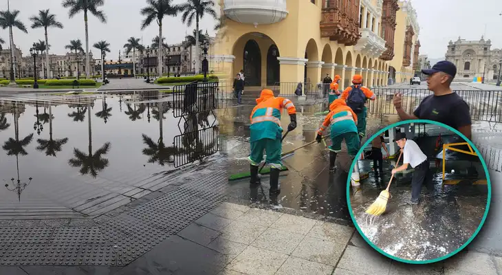 Municipalidad de Lima realiza labores de limpieza en la Plaza de Armas ante aniego.