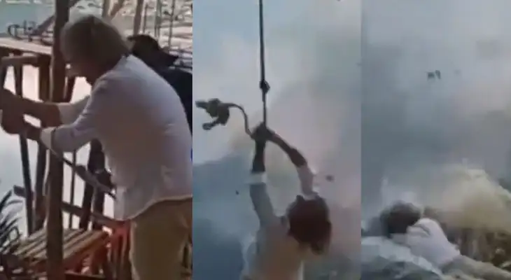 Viceministra de Turismo cae a laguna de Oxapampa cuando intenta balancearse en soga