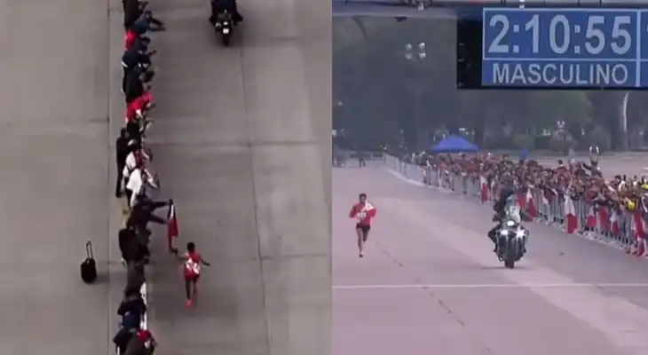 Cristhian Pacheco y el momento que recibe la bandera en los Juegos Panamericanos 2023 a poco de la meta. Cristhian Pacheco y el momento que recibe la bandera en los Juegos Panamericanos 2023 a poco de la meta.