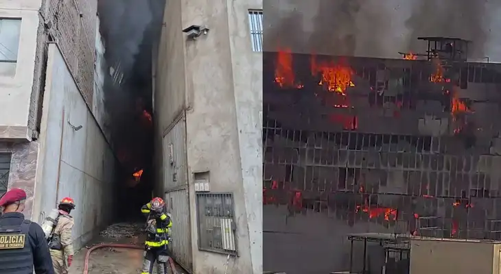 El feroz incendio provocó el colapso de una estructura metálica en el Cercado de Lima.