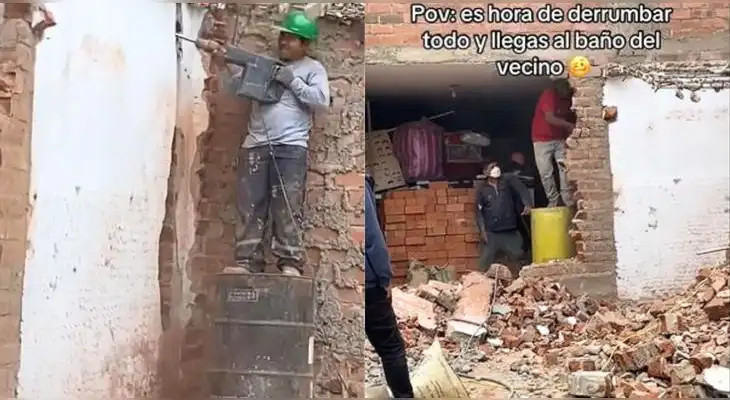 Peruana derrumba parte de su casa y descubre que su vecino utilizó su pared para construir su baño.
