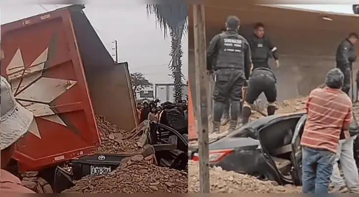 Un tráiler se volcó y aplastó un auto en la Panamericana Norte.