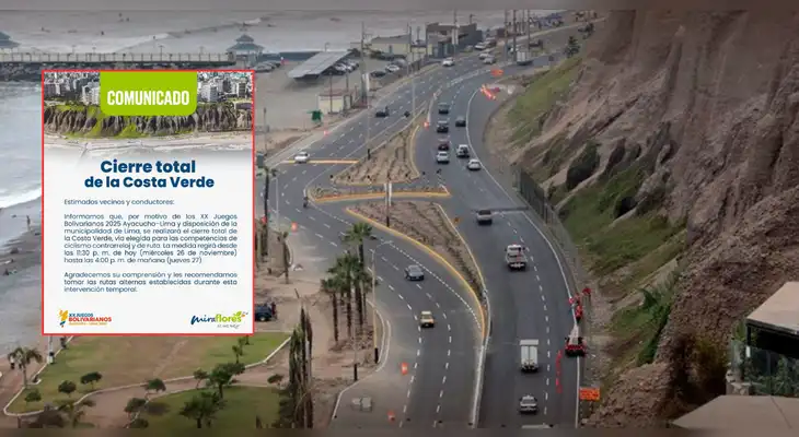 Anuncian cierre de la Costa Verde durante este jueves 27 de noviembre por los Juegos Bolivarianos 2025.